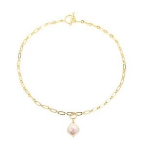 18K Gold Plated Link Chain Baroque Fresh Water Pearl Lady Necklace