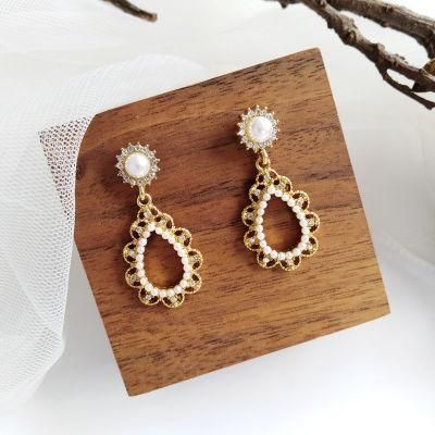 Manufacture New Trendy Crystal Pave Pearl Oval Shape Elegant Drop Earrings with Flower Surrounding Pattern for Women