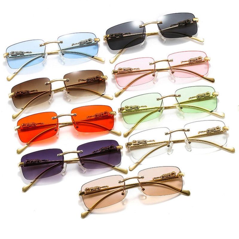 New Shades Cheetah Rimless Metal Frame Square Luxury Sunglasses