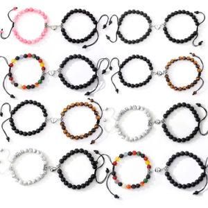 2PCS/Set Adjustable Rope Braided Natural Stone Couple Matching Magnetic Bracelet