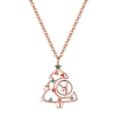 925 Sterling Silver Christmas Tree Reindeer with Colorful CZ Pendant Necklace Women Christmas Gift Fashion Jewelry