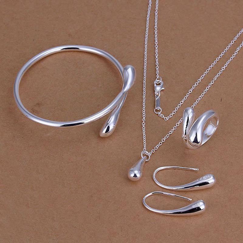 925 Sterling Silver Drop Bangles Necklace Rings Earrings Jewelry Set