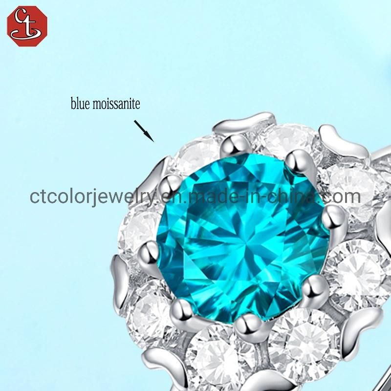 Wholesale Fashion Jewelry 1ct blue moissanite silver ring for wedding party women′s ring