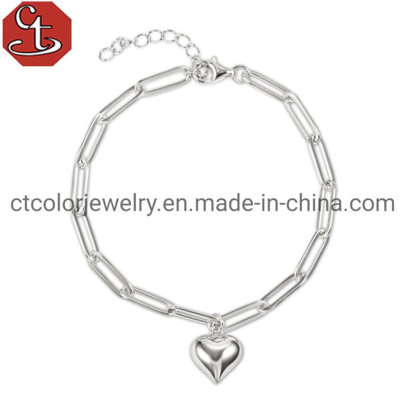 Wholesale High Quality Fashion Jewelry 925 Silver Plated Heart Chain Bangle Bracelet