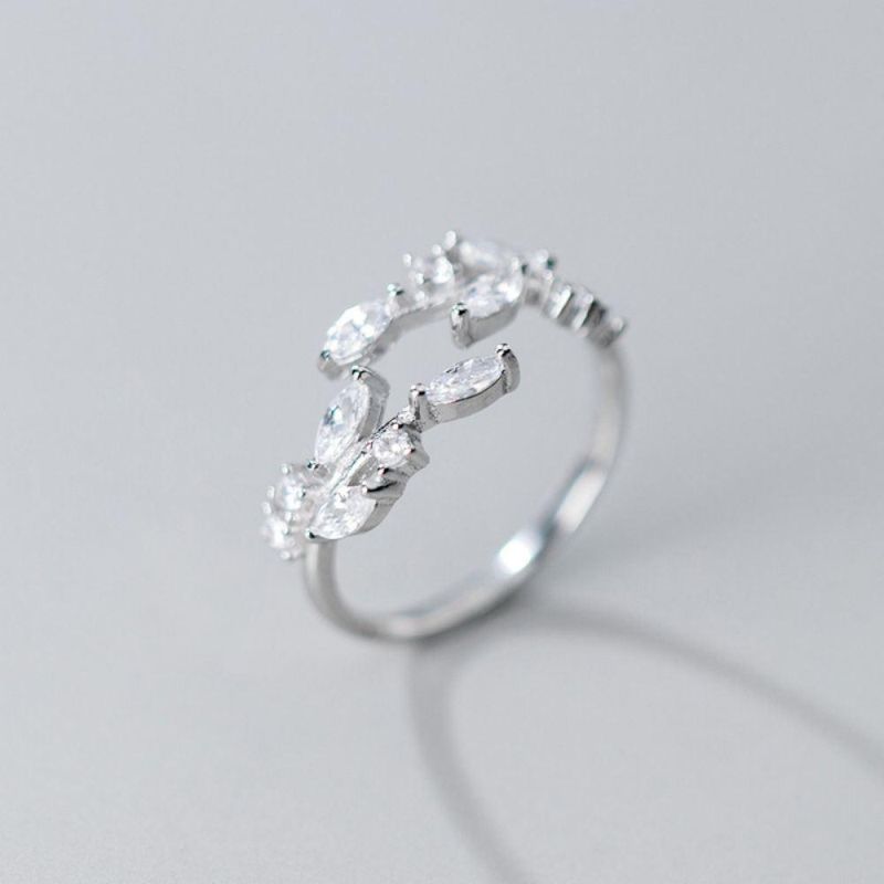 925 Sterling Silver Ring Leaf Zircon Adjustable Ring Fashion Leaves Branches Ring Women Exquisite Jewelry