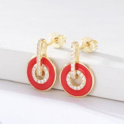 Exquisite 925 Sterling Silver Gold Plated Cubic Zirconia Enamel Circle Stud Earring