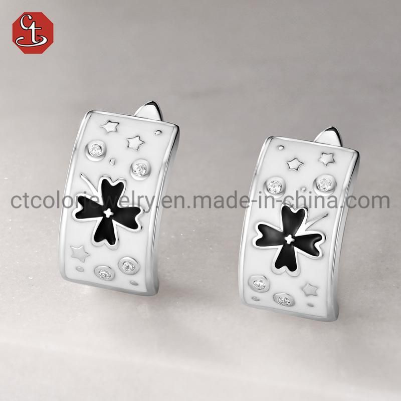 CT COLOR Wholesale Jewelry Lucky leaves 925 Sterling Silver white Enamel Earrings for women