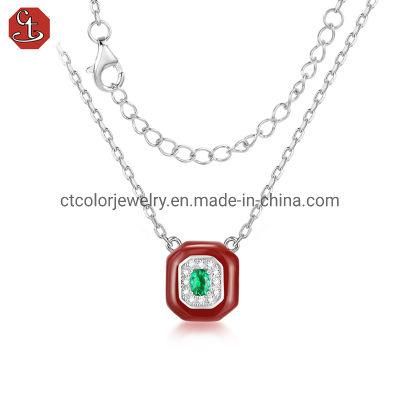 2022 fashion new center stone green glass rose enamel jewelry necklace