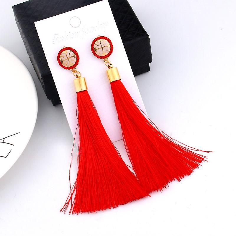 Crystal Women Fashion Jewelry Silk Fabric Long Drop Tassel Earrings