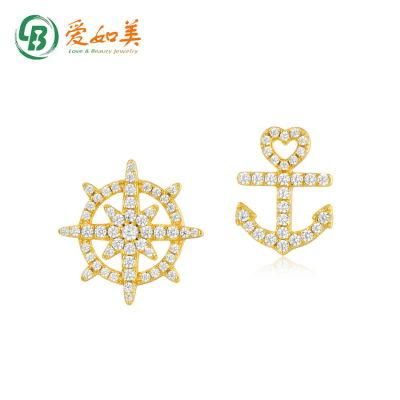 Shining CZ Stud Earring Women Real Gold Plating S925 Silver Rudder Anchor Earrings Popular Geometric Asymmetric Earrings