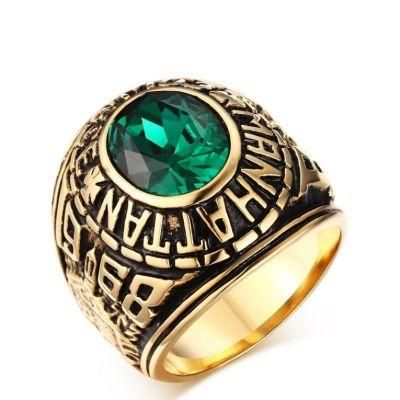 Fashion Antique Jewelry Handmade Inlaid Green Zircon Titanium Steel Ring Men Ring