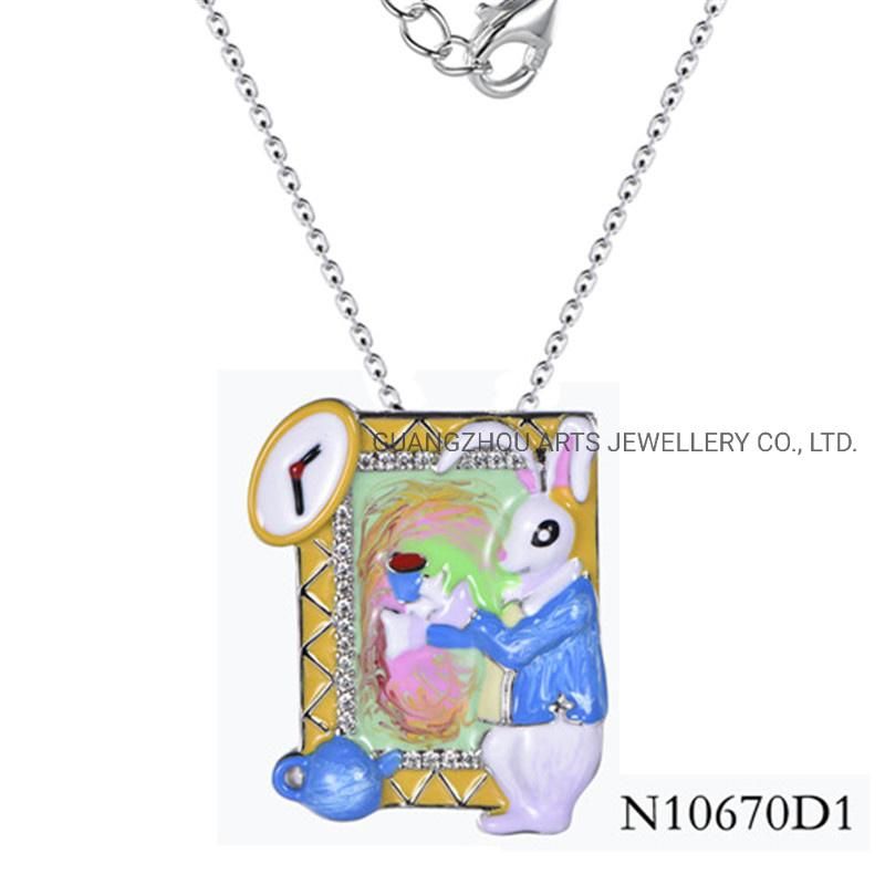 White Rabbit Enamel Silver Pendant Necklace