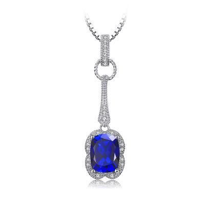 Created Blue Sapphire Pendant Necklace Elegant Rectangle 925 Sterling Silver Jewelry