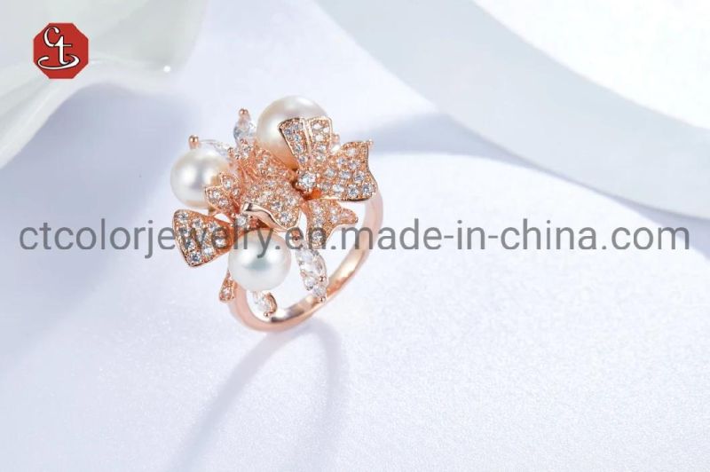 925 Sterling Silver or Brass Ring Shell Pearl Ring Fashion Flower Jewelry