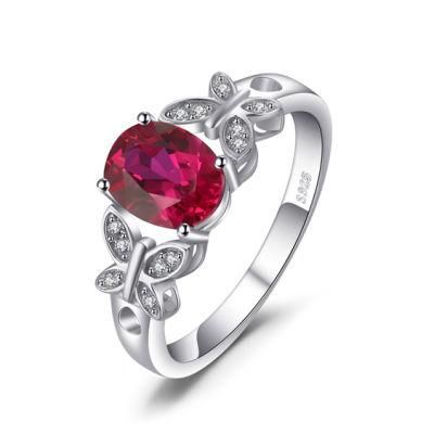 Fashion Jewelry Elegant Created Ruby Butterfly Ring for Women Sterling Silver Jewelry