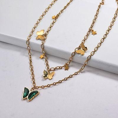 Wholesale Stainless Steel 18K Gold Pendant Charm Butterfly Layered Women Necklace