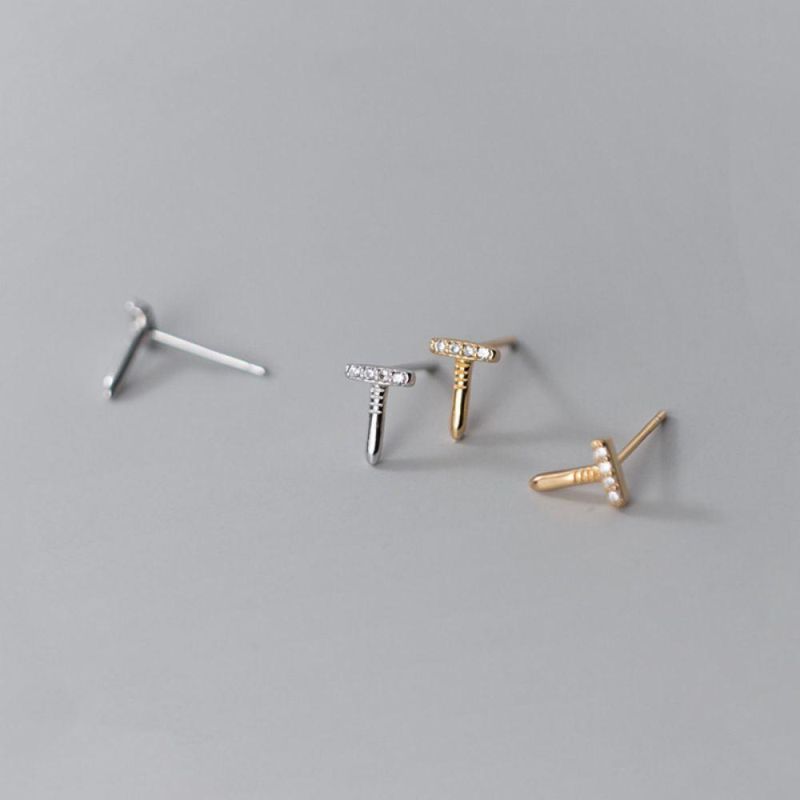 Real 925 Sterling Silver Simple Screw T Shape Zircon Stud Earrings for Women Party Personality Jewelry