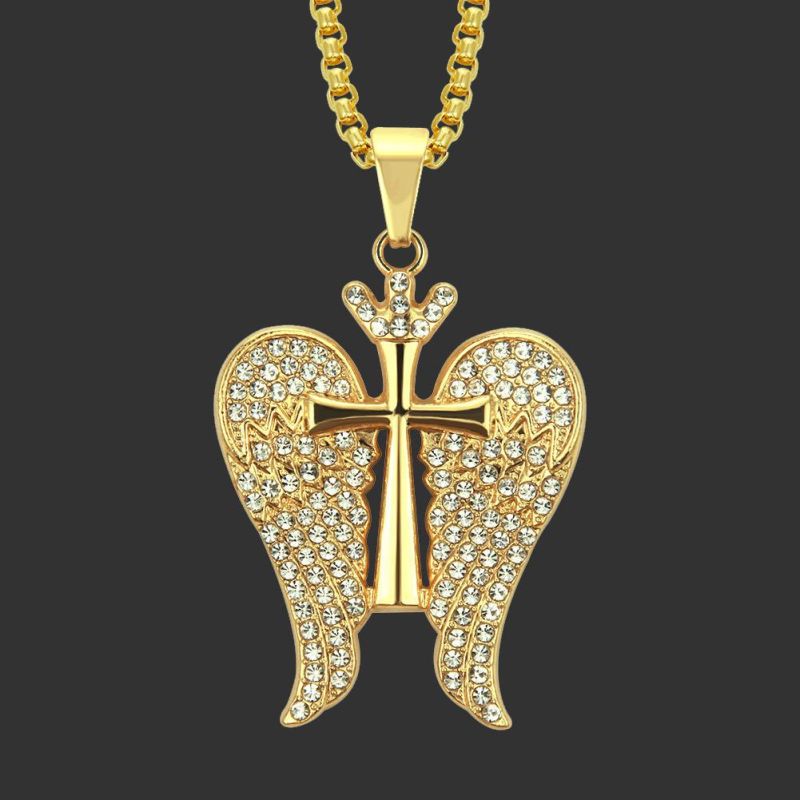 Fashion Mens Gold Angel Wings with Cross Shape Pendant Necklace