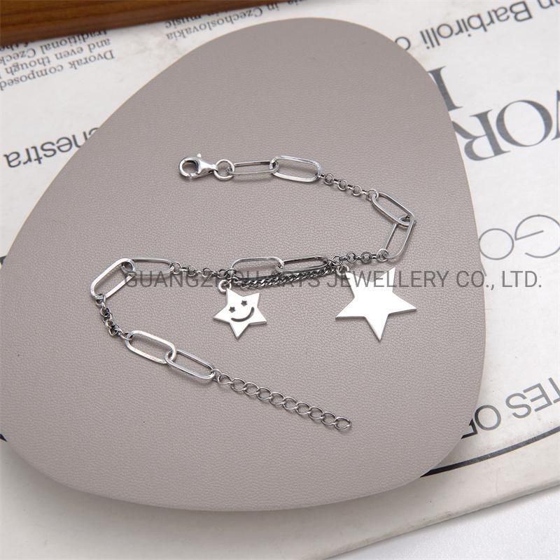 Hot 925 Sterling Silver Double Star Geometric Chain Link Bracelet