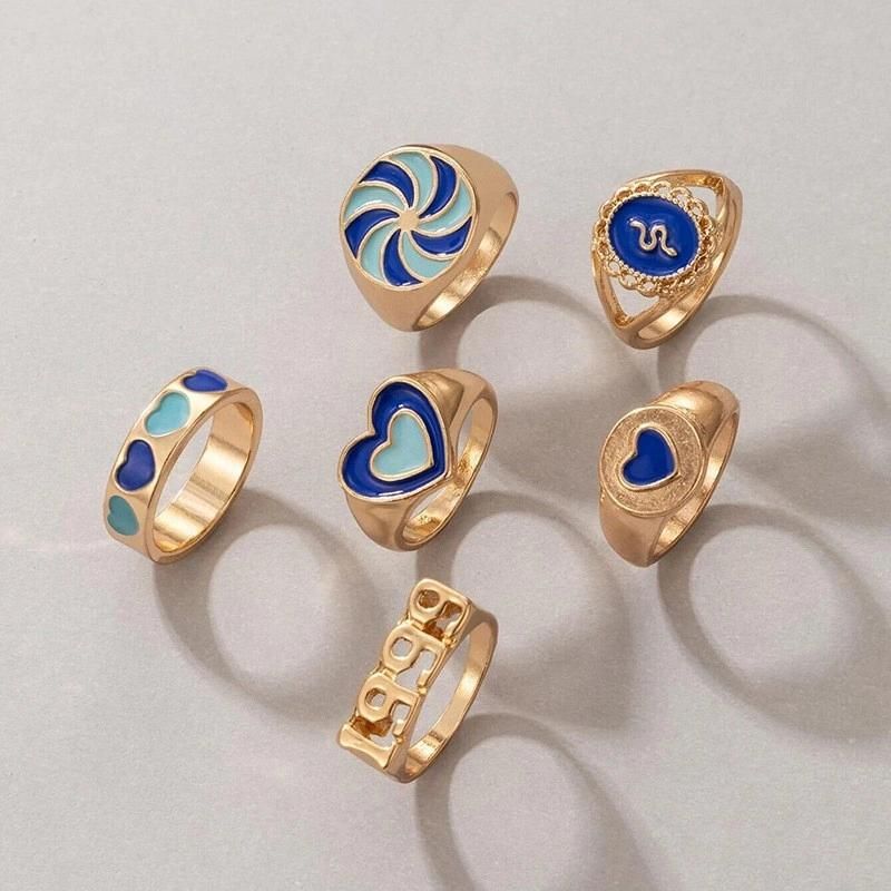 Wholesale 6PCS/Set Punk Finger Rings Statement Green Enamel Gold Plated Stacking Rings with Candy Heart Snake Epoxy Patterns 1999 Year Fashion Women Ring