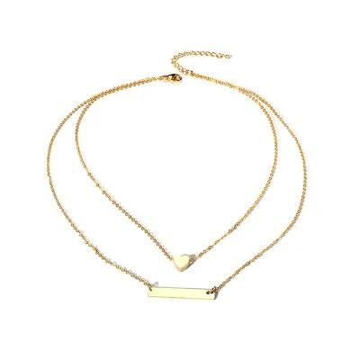 Double Chain Heart Engraved Rectangle Tag Necklace for Female