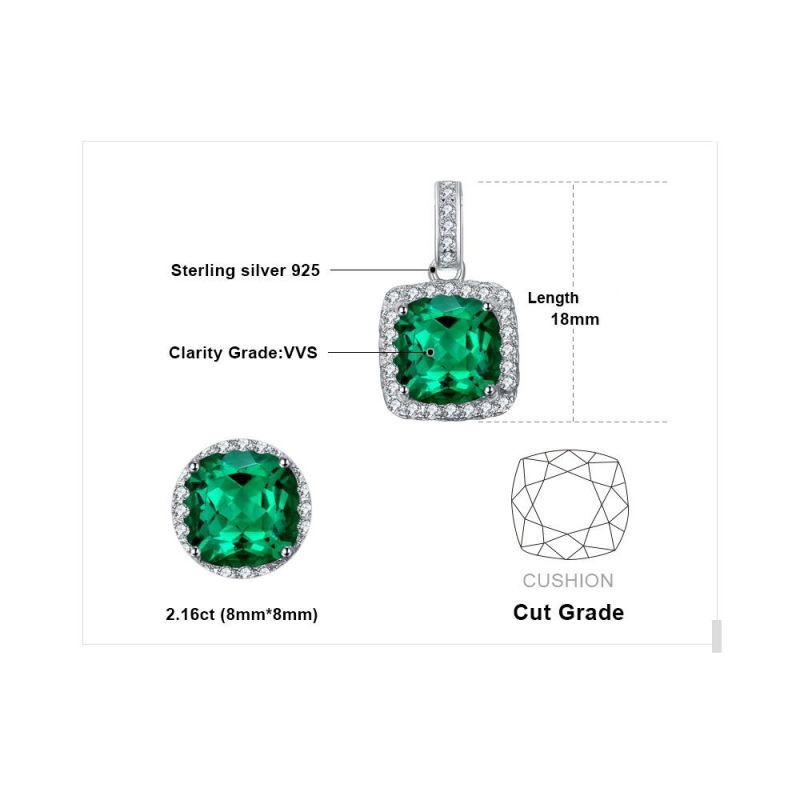 Classic Cushion Nano Russian Simulated Emerald Pendant Necklace 18 Inches 925 Sterling Silver Jewelry