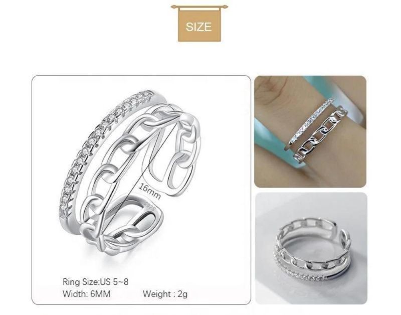 925 Sterling Silver Ring Minimalist Chain Style Multi-Layer Zircon Adjustable Ring Women Wedding Jewelry
