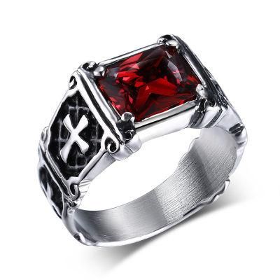 High Quality Red-Black Zircon-Set Titanium Steel European-American Power Men&prime;s Ring