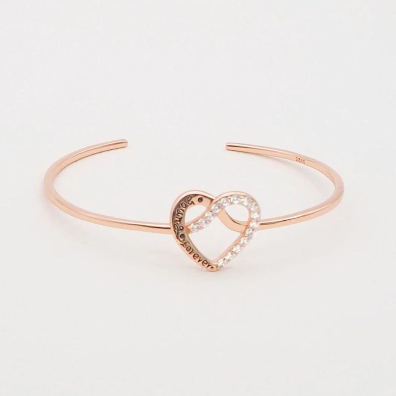 Fashion 925 Silver Jewelry New Design Cubic Zirconia Heart Bracelet Bangle Cuff Charm