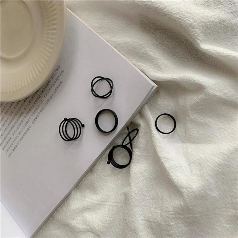 7PCS Girls Black Minimalist Metal Finger Rings Sets Fashion Accessories