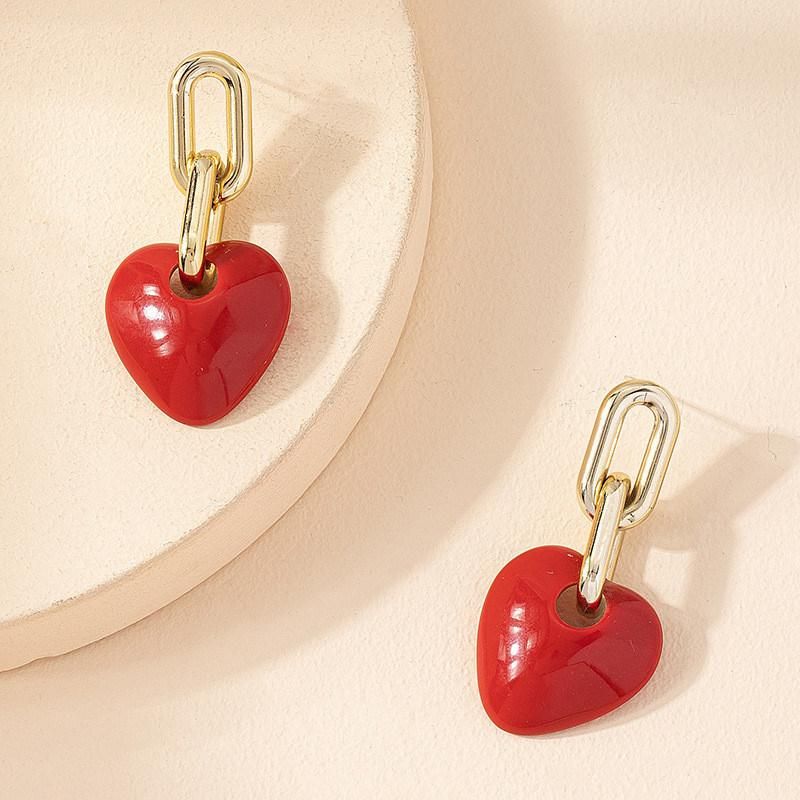 American Fashion 18K Gold Plated Red Coating Heart Pendant Cuban Link Drop Women Earring