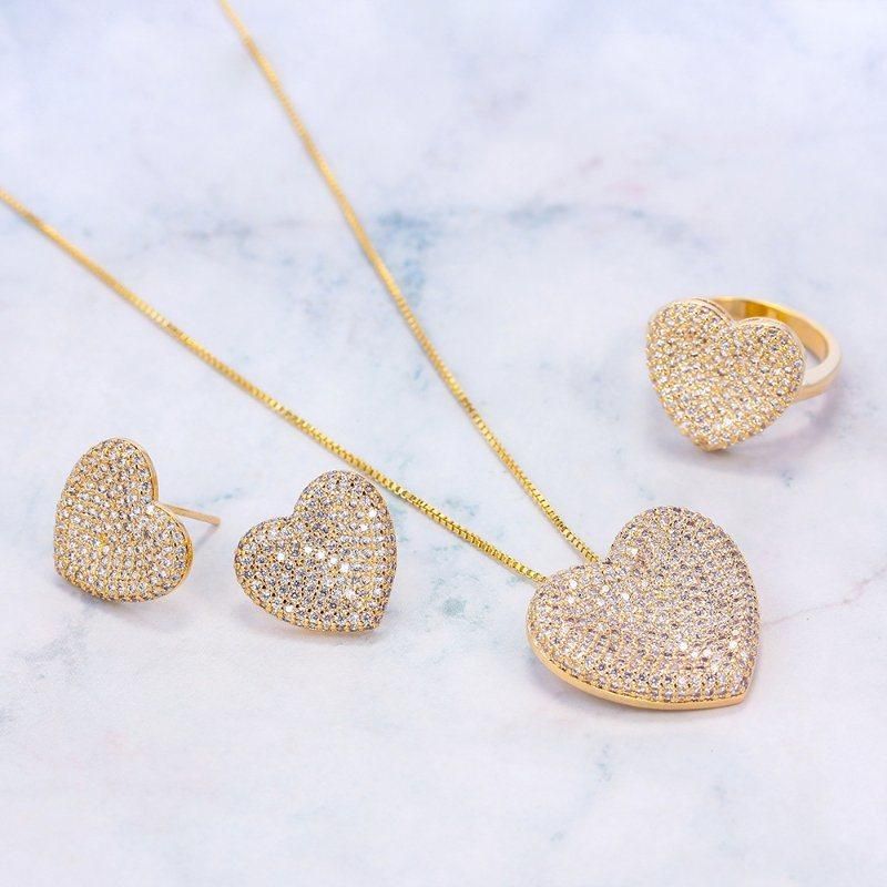 18K Gold Plated Love Heart Earrings Ring Necklace Zircon Jewelry Sets