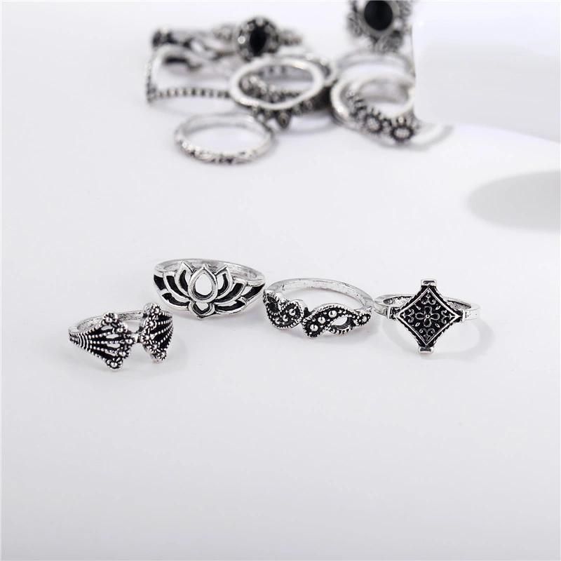 15 PCS/Set Bohemia Retro Leaves Lotus Silver Rings Set Fashion Jewelry