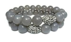 Stretch Bracelet, Grey Agate Stone Bead Bracelet Set, Crystal Pave Bead Bracelet