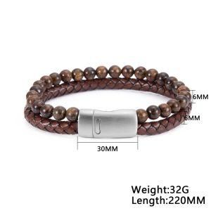 Stainless Steel Buckle Tiger Eye Natural Stone Men Bracelet Black Bead Leather Bracelet