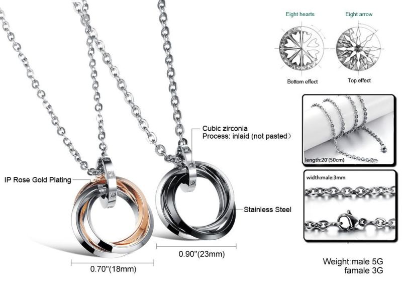 Couple Stainless Steel Ring Drop Pendant Necklace Silver Circle Inlaid Stone