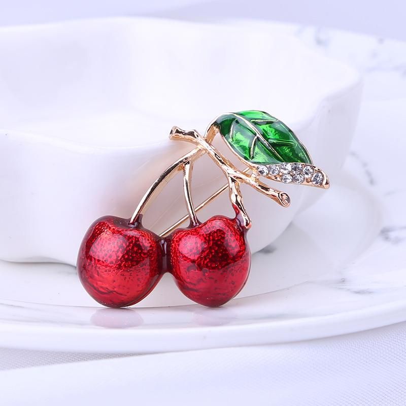 Enamel Fashion Windbreaker Green Leaf Cherry Series Brooch Flower Factory Direct Sales