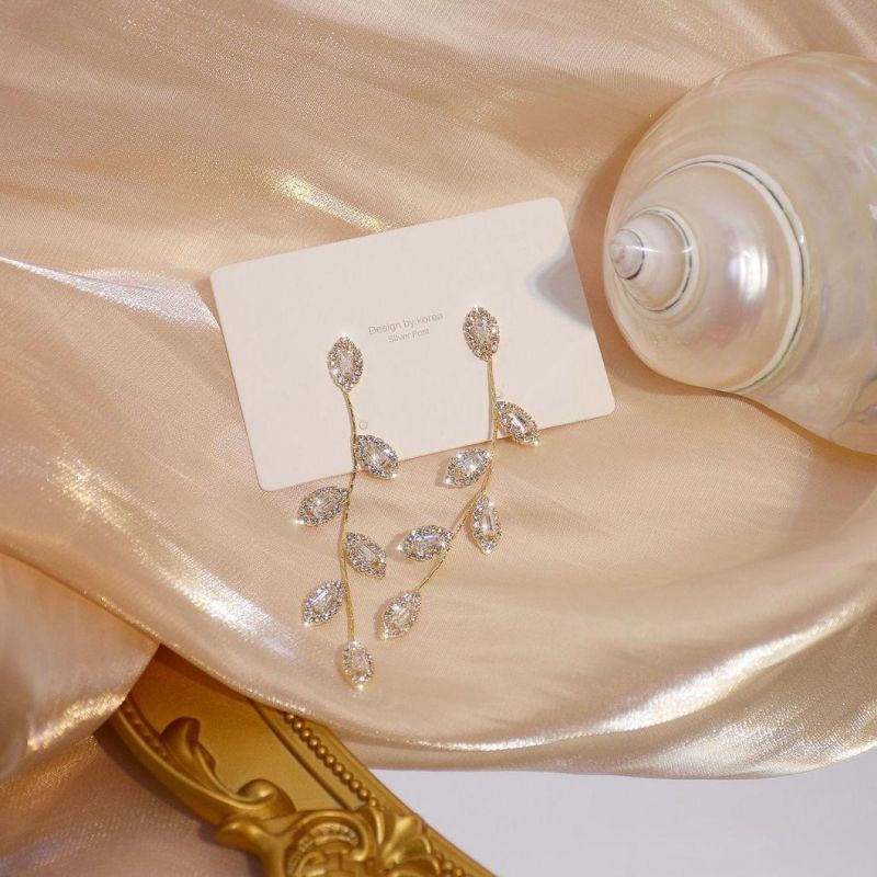 Long Silver Plated Crystal Leaf Tassel Drop Earrings for Women