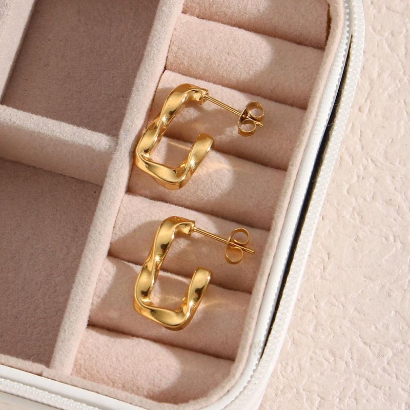 Factory Customized Fashion Jewelry Wholesale High-End Stainless Steel Jewelry Statement Twist U-Shaped Large 18K Gold-Plated Ring Earrings