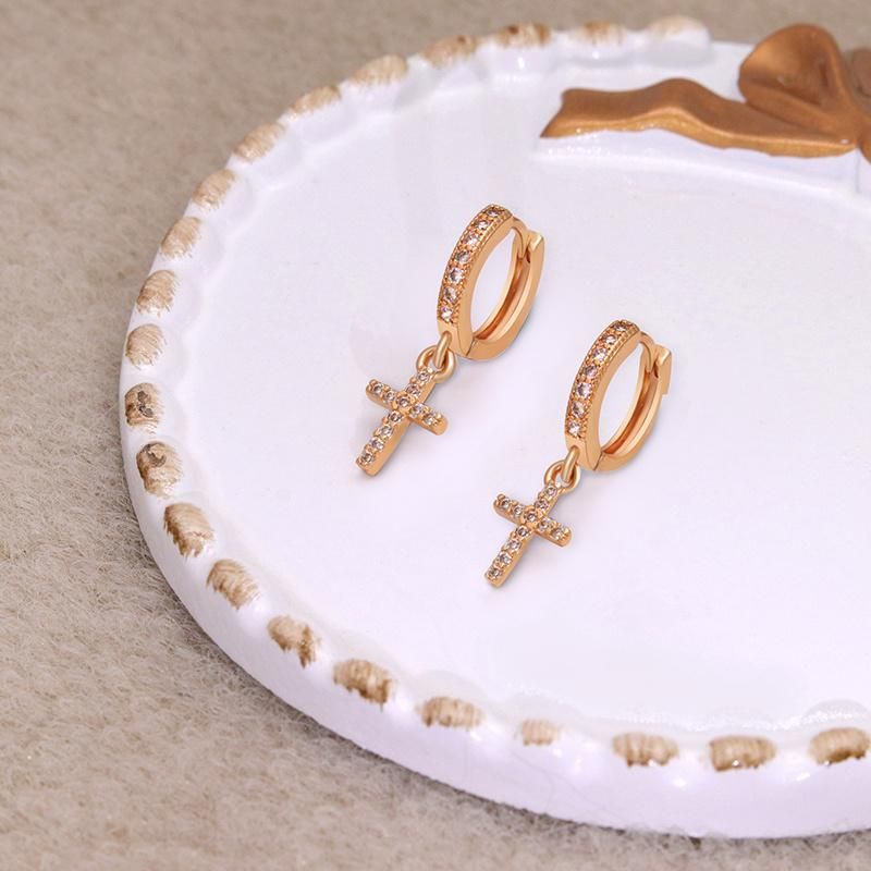 Brass Zirconia 18K Gold Fashion Cross Dorp Hoop Earrings