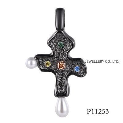 Vintage Black Baroque Pearl with Silver Cross Pendant