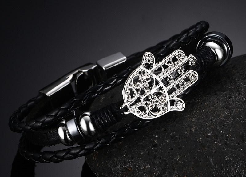 Black Leather Rope Hamsa Hand Fashion Bracelet Jewelry Promotion Gift