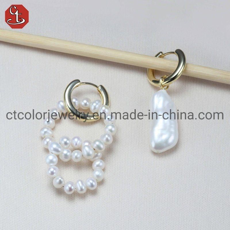 Fashion Jewelry Silver Earring with Freshwater Pearl double Drop Design Hoop Earring