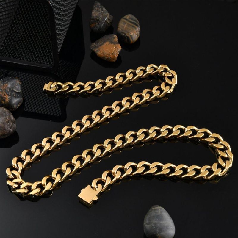 High Quality PVD Gold Plated Miami Chunky Stainless Steel Cuban Link Chain Box Clasp Hip Hop Necklace for Men