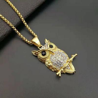 Stainless Steel Gold Plated Drill Owl Pendant Necklace Jewelry