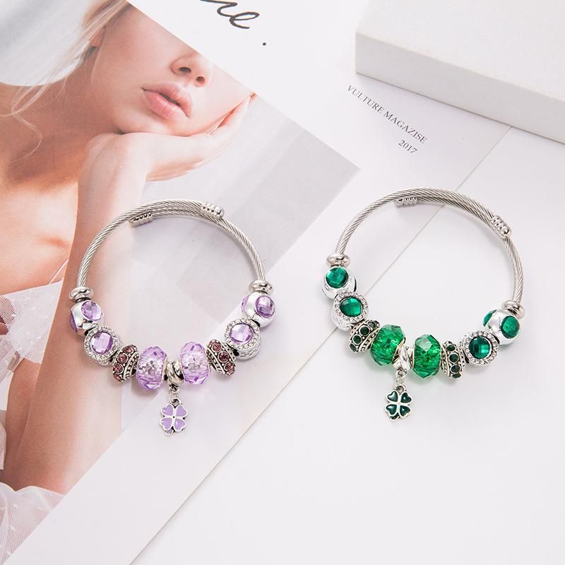 Fashion Jewelry Clover Crystal Adjustable Titanium Bangle
