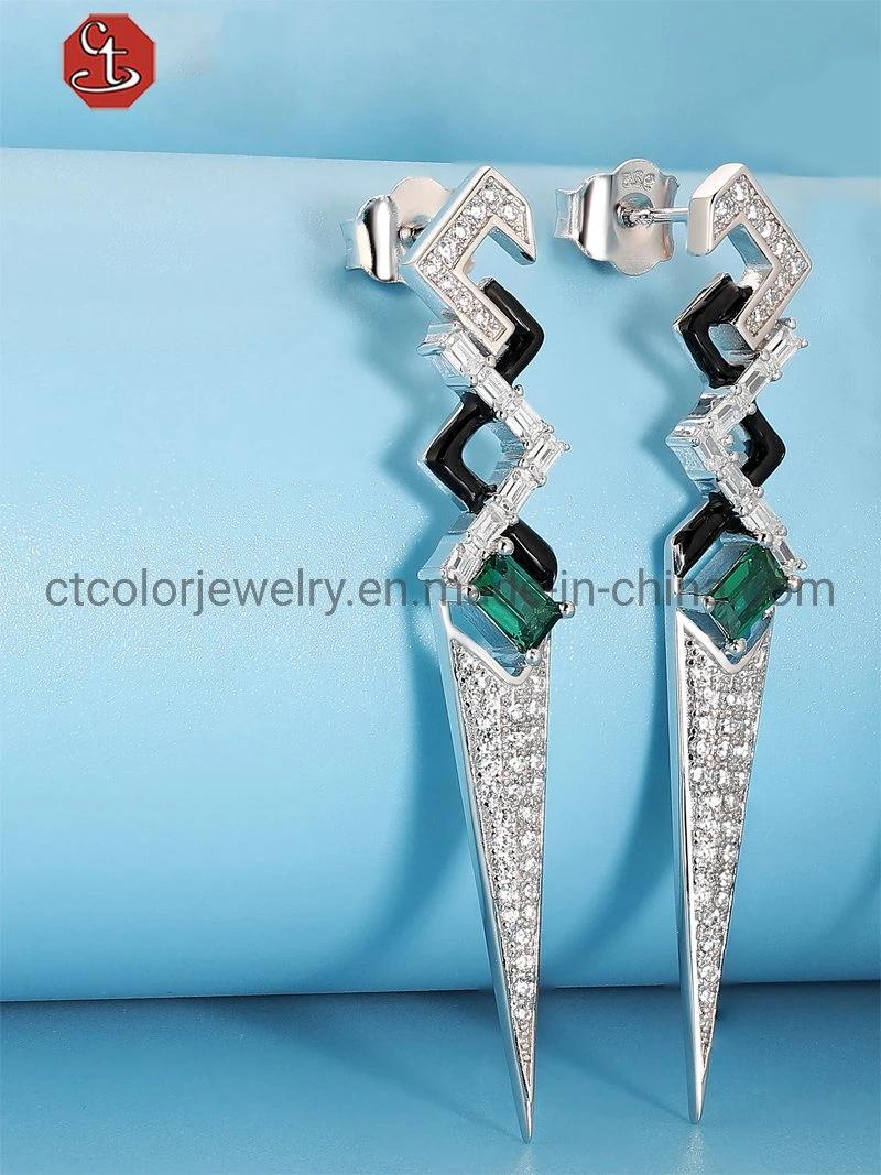 Women Girl Gift Fashion White Black Color Enamel Green CZ Cubic Zirconian Earring Sterling 925 Silver Jewelry