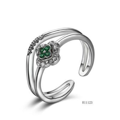 Double-Layer Four-Leaf Clover Silver with CZ Flower Open Ring
