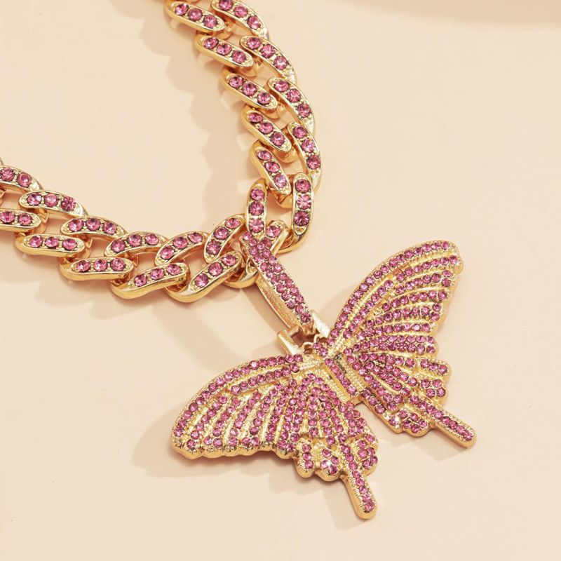 Big Size AAA Zircon Hip Hop Women Butterfly Pendant Necklace