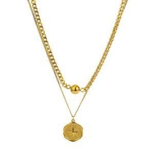 Wholesale Vintage Women Gold Coin Pendant Layered Titanium Steel Jewellery Necklaces